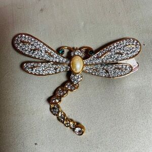 Vintage gold plated dragon fly brooch with pave crystals, faux pearl center